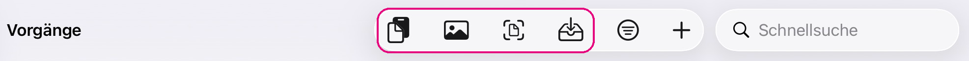 Auf iPhone und iPad: dieselben Wege als Symbole – Dokument, Foto, Scan, Import.