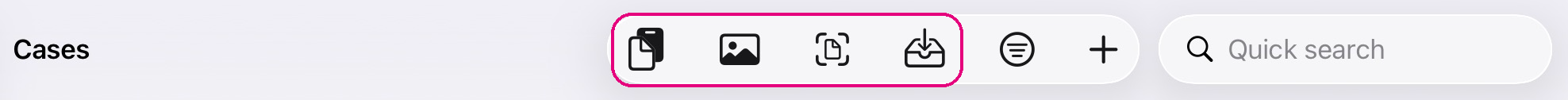 On iPhone and iPad: the same routes as icons – document, photo, scan, import.