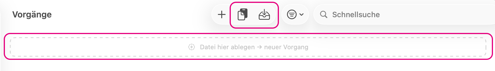 Auf dem Mac: die beiden Symbole in der Werkzeugleiste – und darunter die Fläche, auf die du eine Datei ziehst.