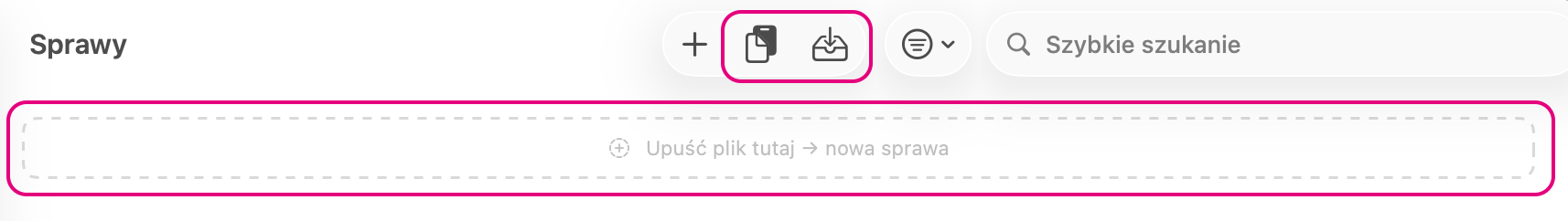 Na Macu: dwie ikony na pasku narzędzi – a pod nimi obszar, na który przeciągasz plik.