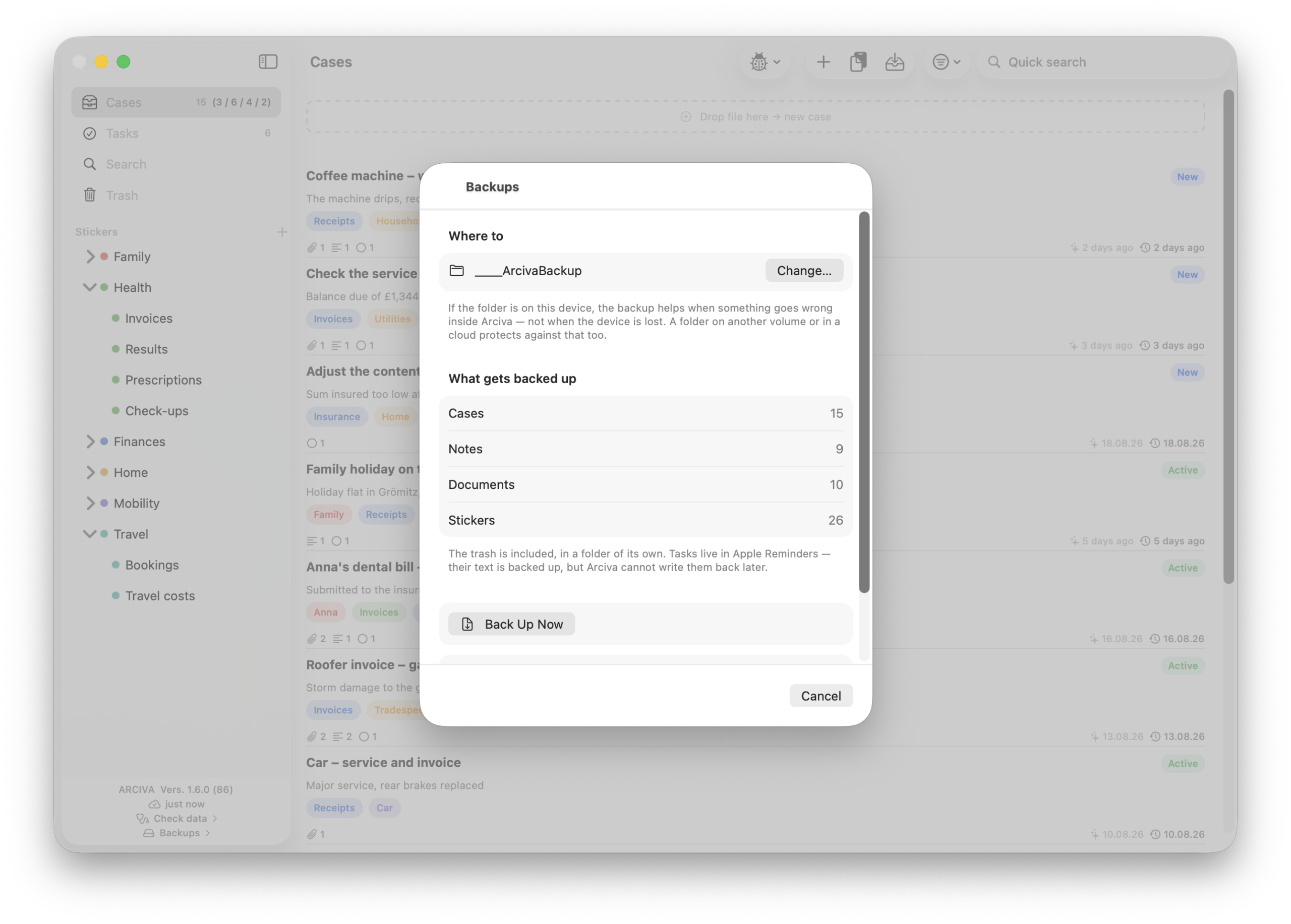 Arciva on the Mac: the Backups window with the target folder, the tally of the collection and the Back Up Now button.