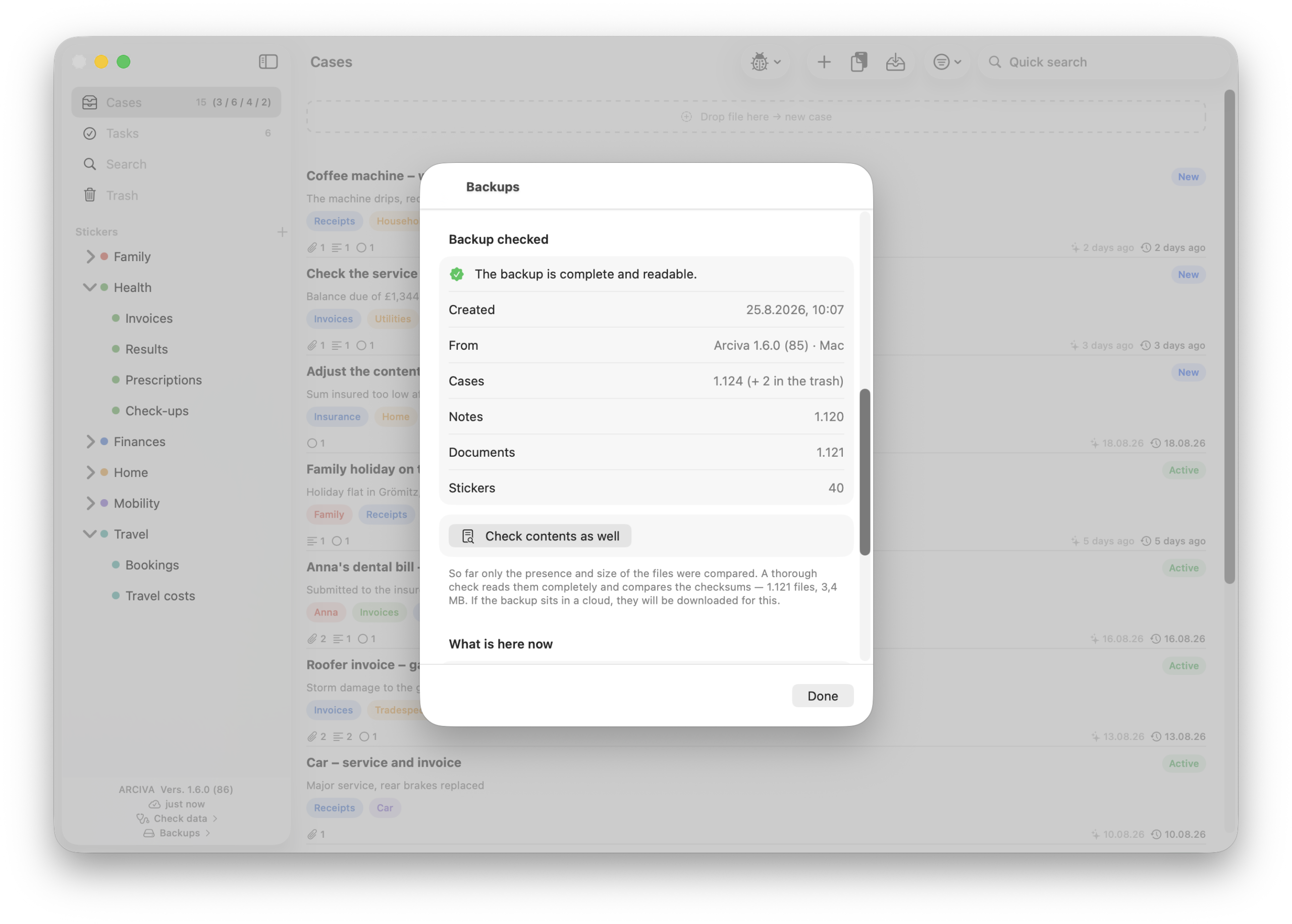 Arciva on the Mac: the result of a checked backup, with the Check contents as well button below it.