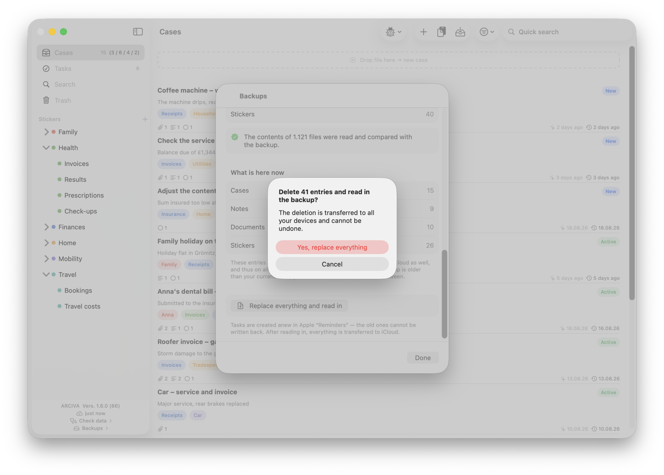 Arciva on the Mac: the confirmation before reading in, with the buttons Yes, replace everything and Cancel.