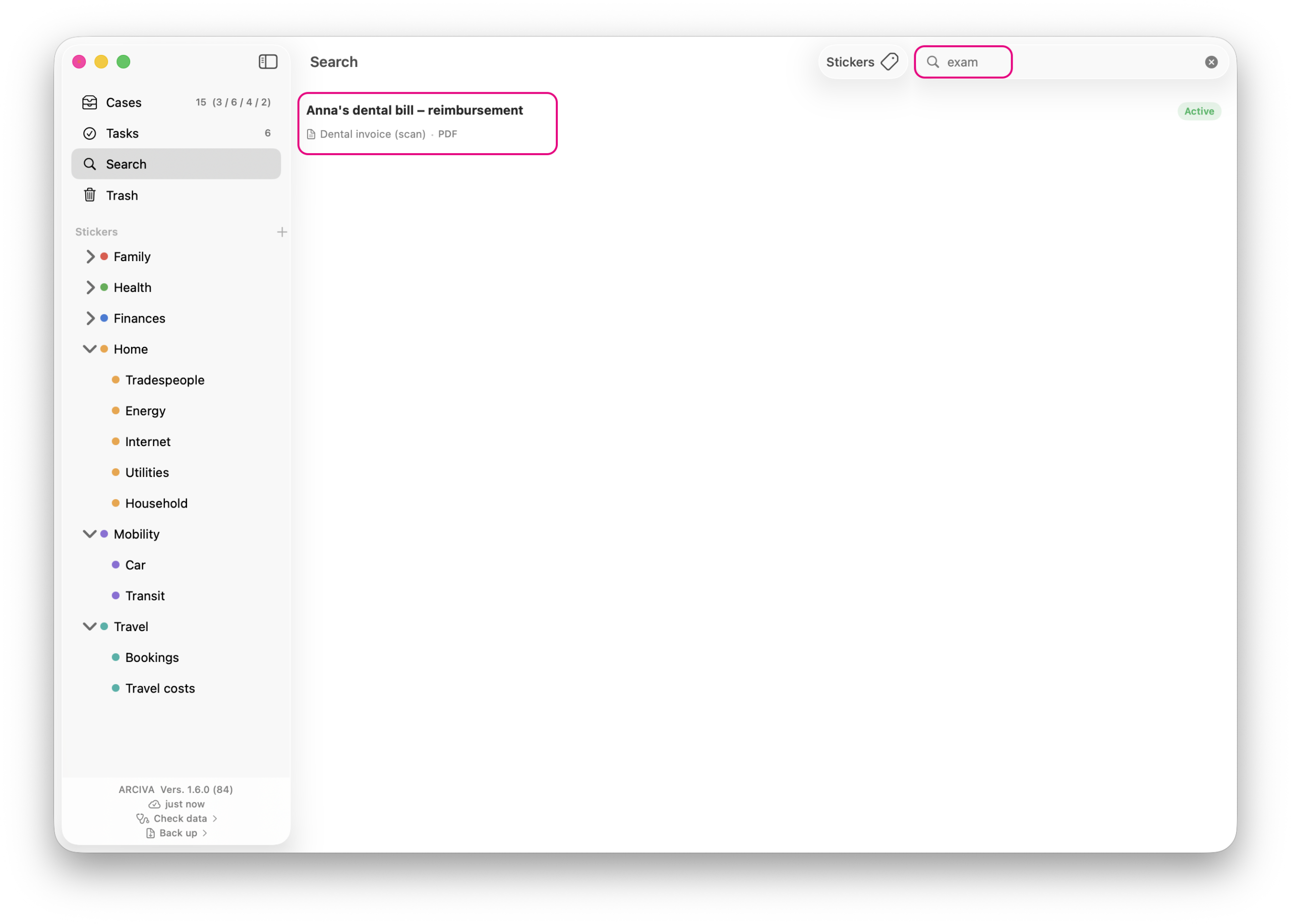 Arciva on the Mac: a search for one word, with two matching cases and the document that matched in each.