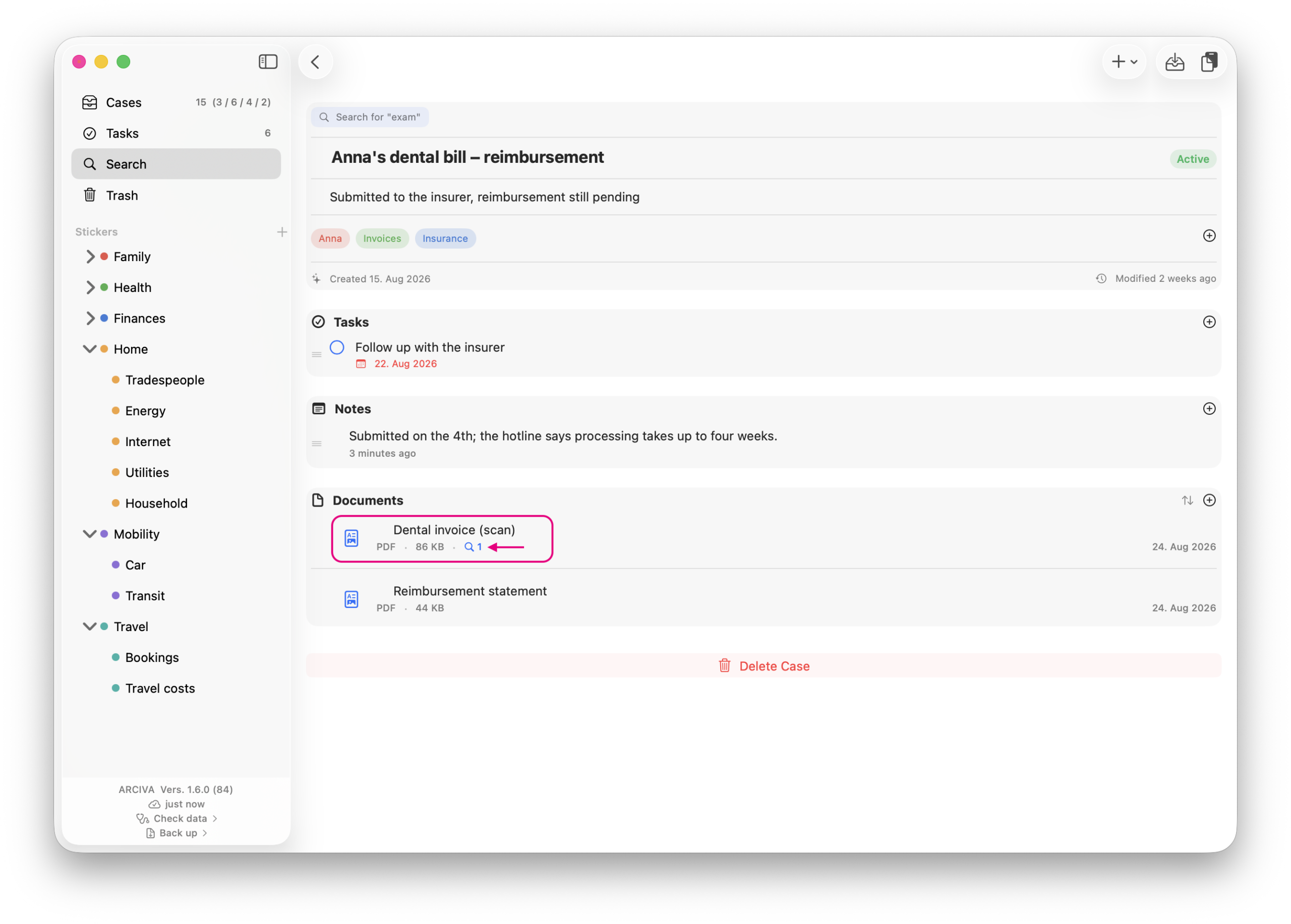 Arciva on the Mac: a case opened from the search, the document “Dental invoice (scan)” marked with its hit count.