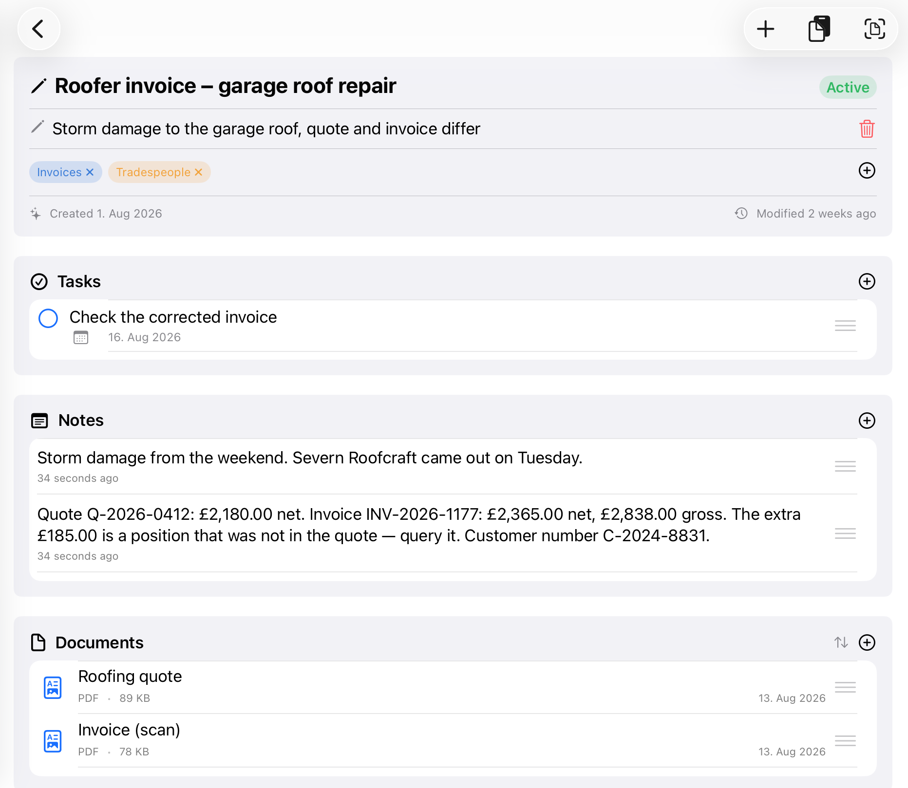 An open case, “Roofer’s invoice – garage roof repair”, with three sections: a task with a due date, two notes holding the amounts from quote and invoice, and two PDF documents.