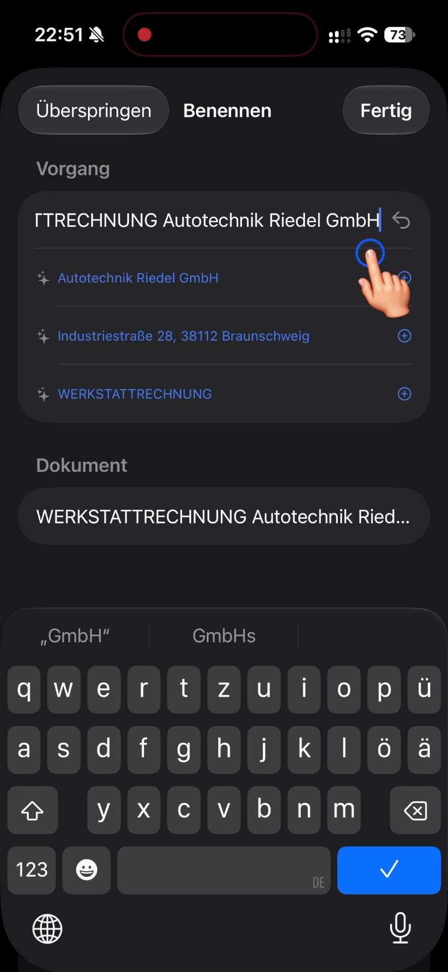 Arciva auf dem iPhone: der Dialog „Dokument benennen“ mit drei Vorschlägen aus dem gescannten Schreiben.