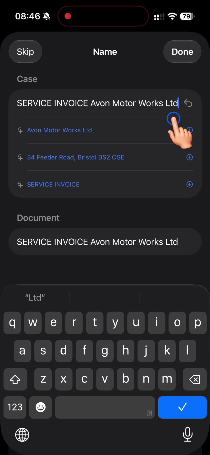Arciva on iPhone: the “Name document” dialog with three suggestions taken from the scanned letter.