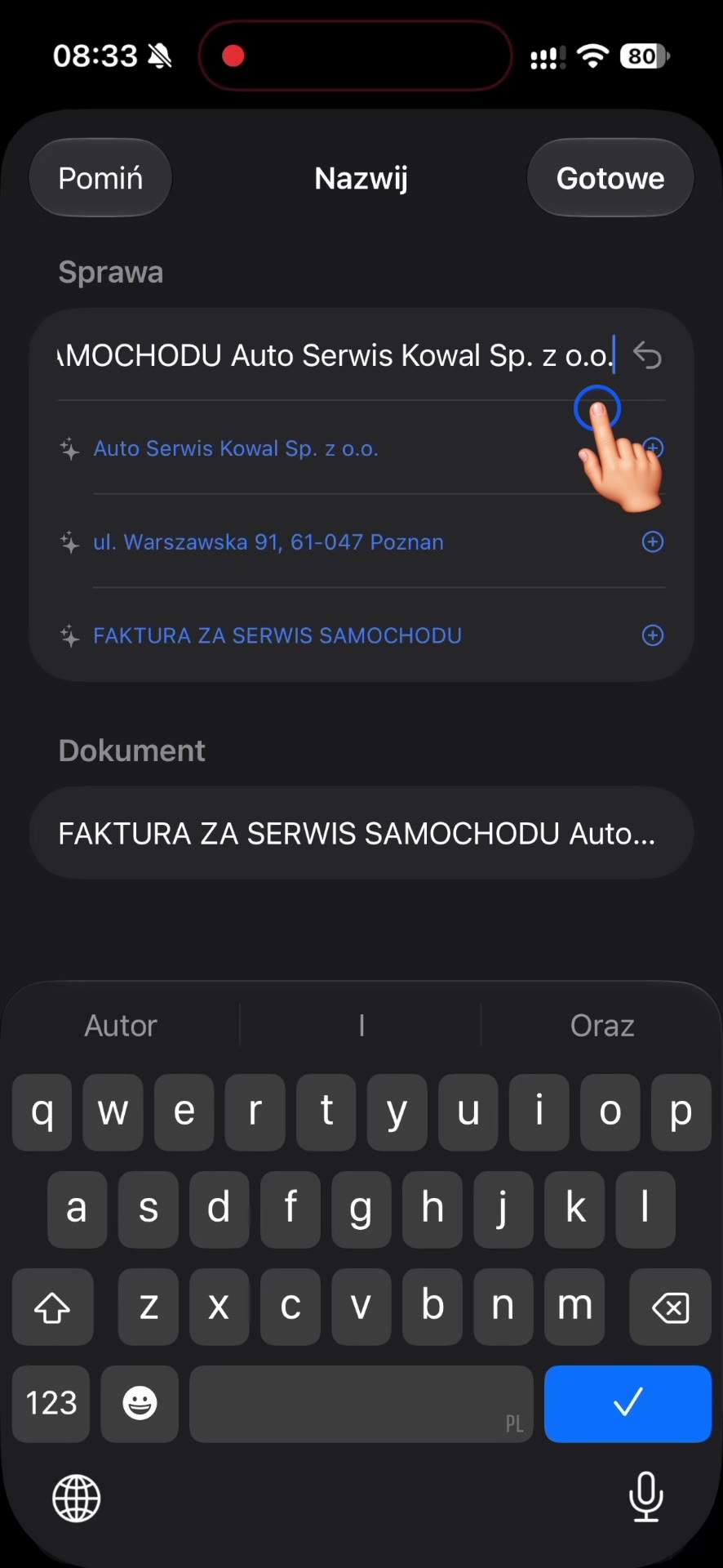 Arciva na iPhonie: okno „Nazwij dokument” z trzema propozycjami z zeskanowanego pisma.