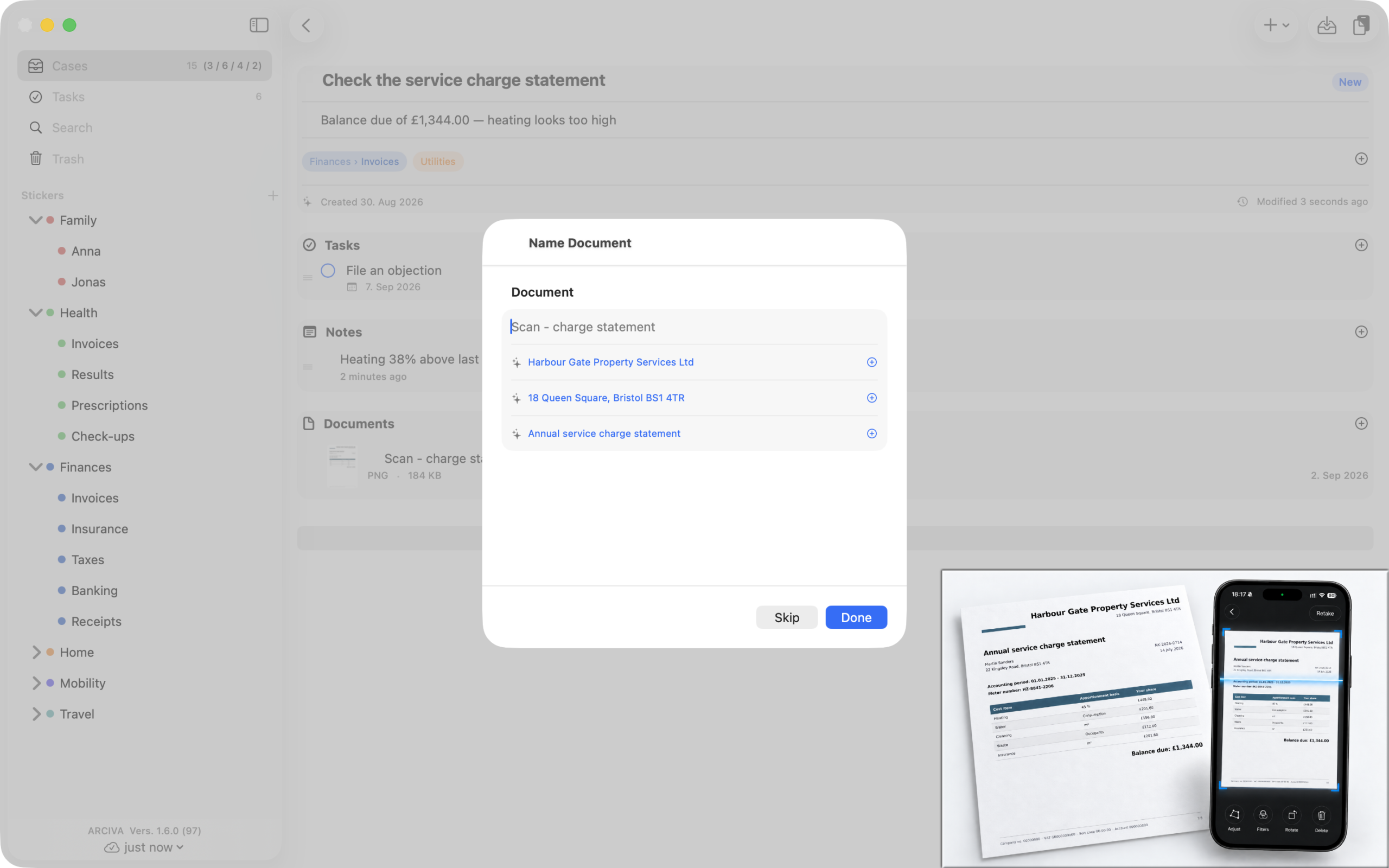 Arciva on the Mac: the “Name document” dialog with three suggestions read from the document – company, address and document type. Bottom right, the paper on the table next to an iPhone scanning it.