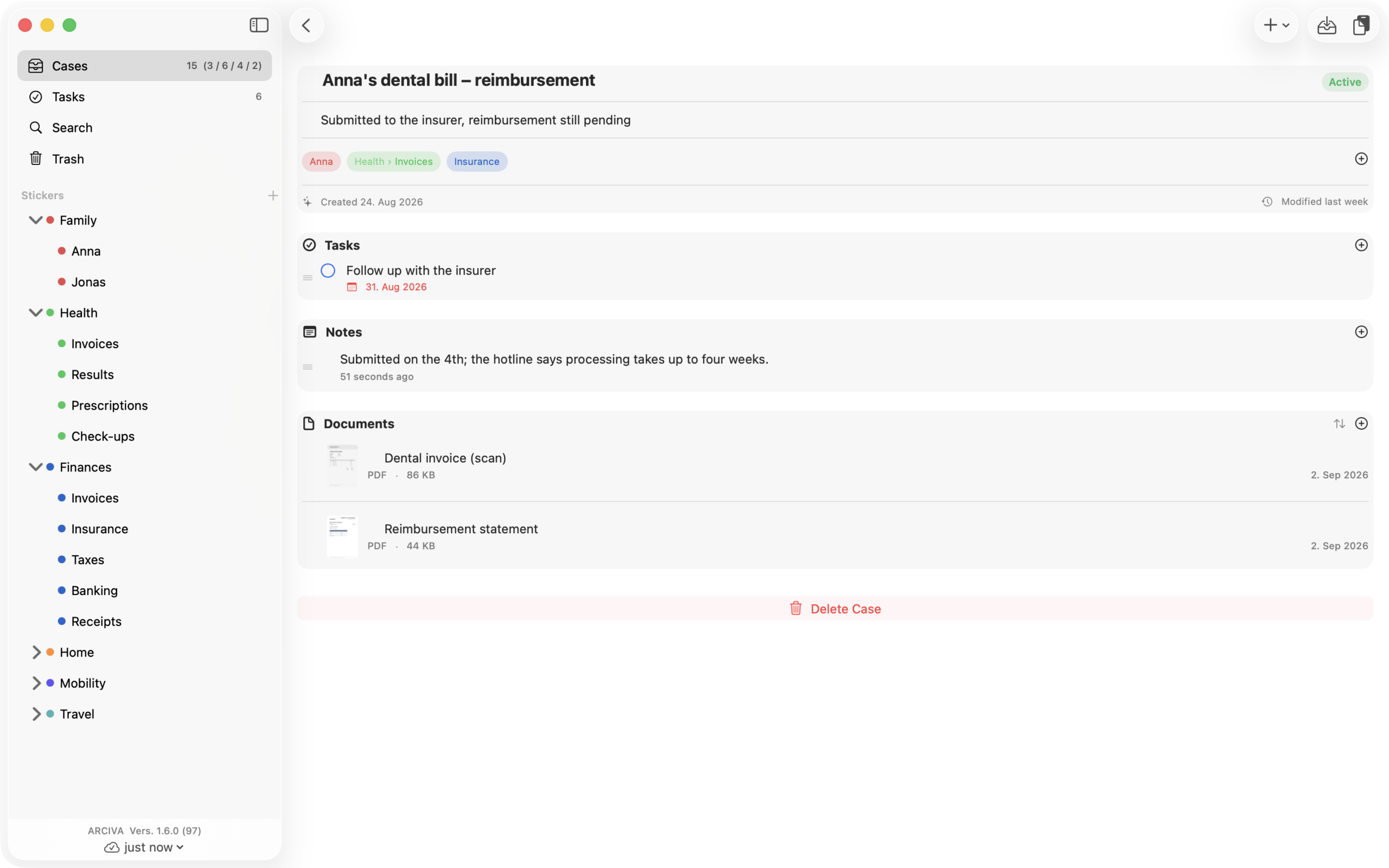 An open case, “Anna’s dental bill – reimbursement”, with three sections: a task with a due date, a note on where things stand, and two PDF documents with preview images. Above them three stickers from three different groups.