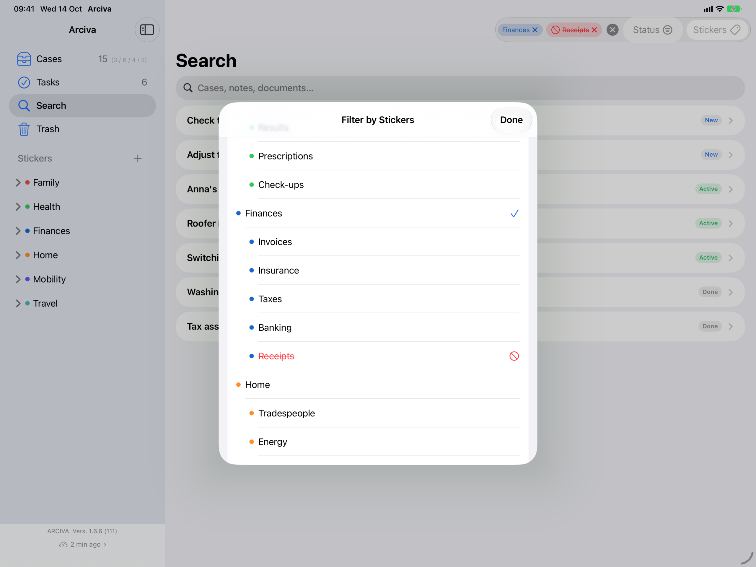 Arciva on the iPad: the “Filter by Stickers” sheet – “Finances” ticked, “Receipts” below it struck through in red with a no-entry sign, all other stickers unmarked. The two chips “Finances” and “Receipts” sit above, and the search field is empty.