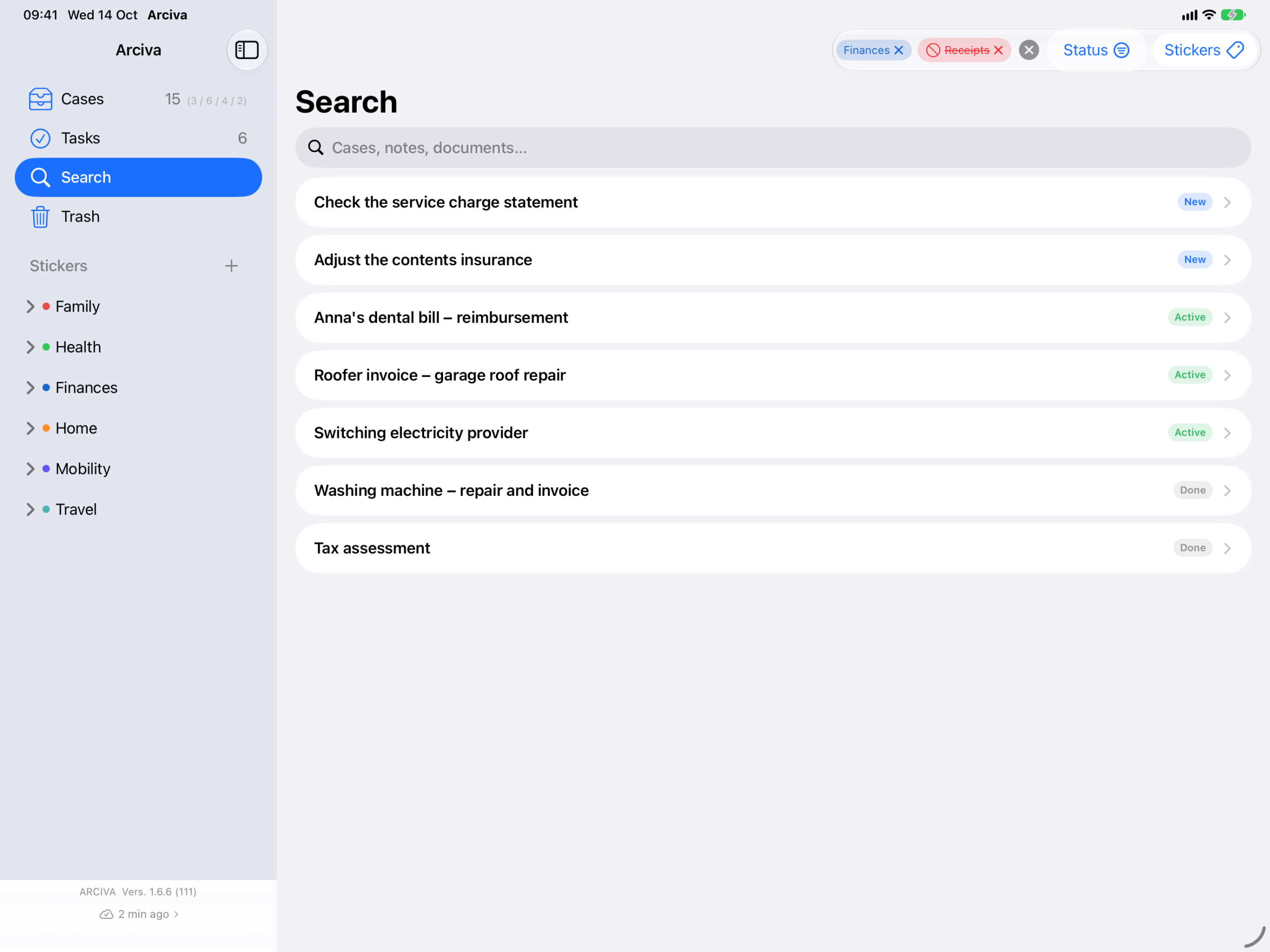 Arciva on the iPad: the search result for the same settings – seven cases, each with its status. The chips “Finances” and the struck-through “Receipts” are still above, and the search field is empty.
