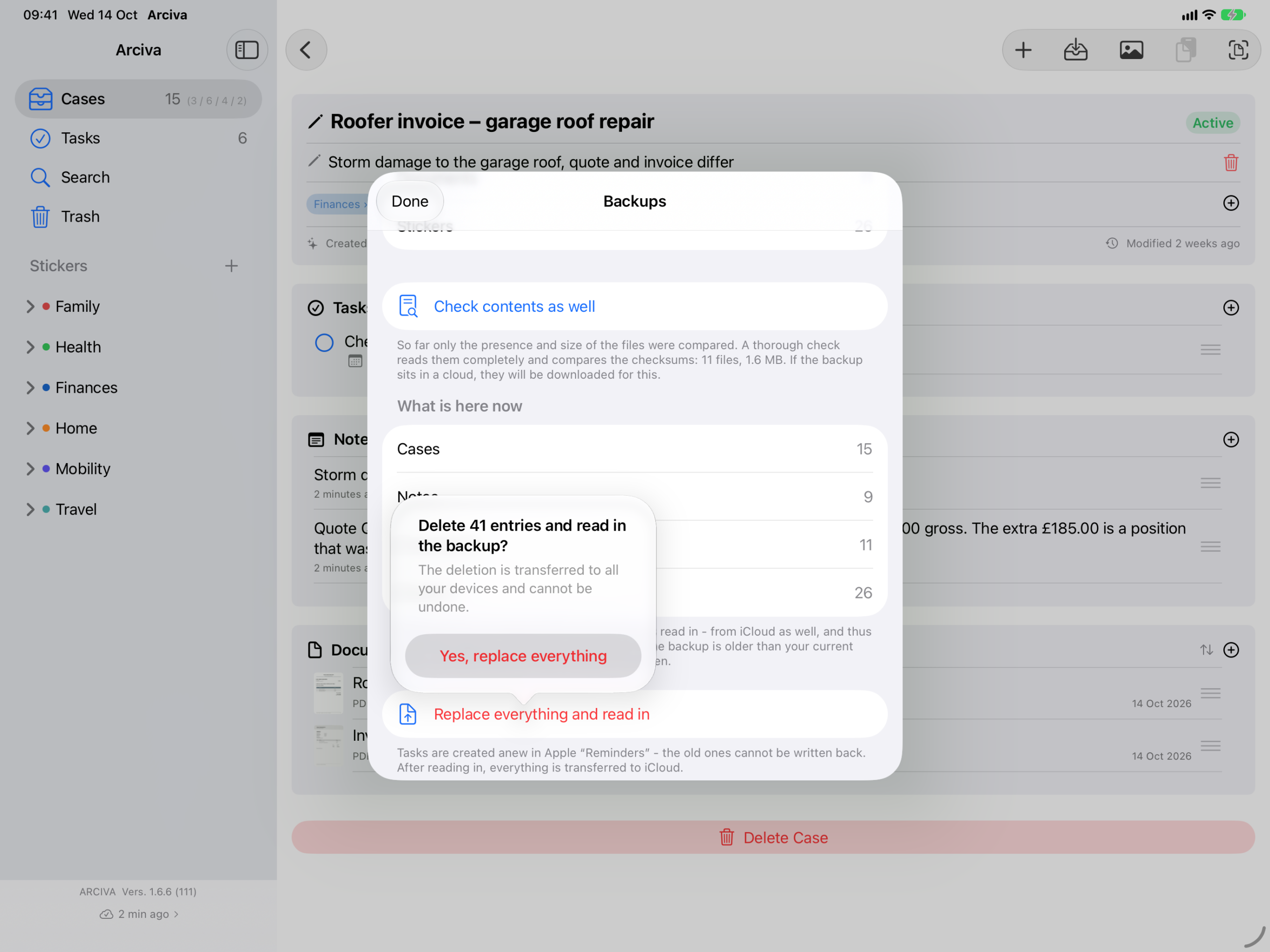 Arciva on the iPad: the second prompt before reading in. “Delete 41 entries and read in the backup?”, below it the note that the deletion is transferred to all devices and cannot be undone, and a single button: “Yes, replace everything”.