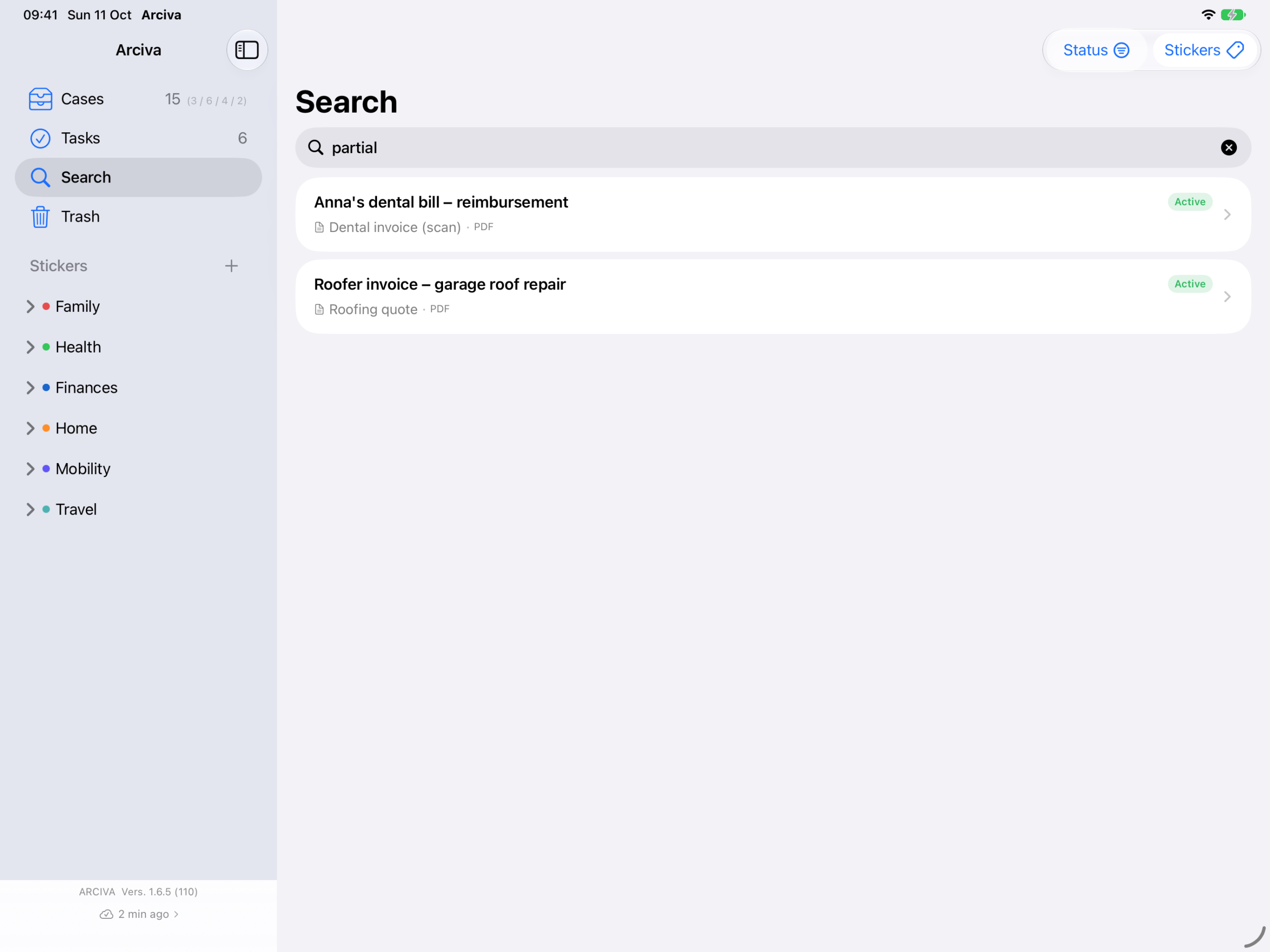Arciva on the iPad: a search for “partial”, with the “Status” and “Stickers” buttons above and two matching cases below, each naming the document it was found in.
