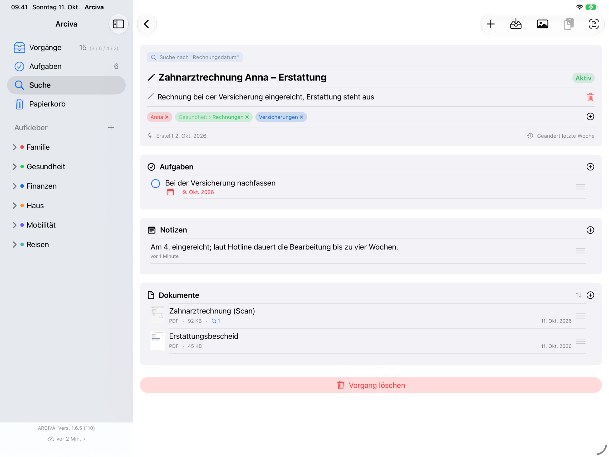 Arciva auf dem iPad: ein Vorgang aus der Suche, das Dokument „Zahnarztrechnung (Scan)“ mit der Trefferzahl markiert, das zweite ohne Zeichen.